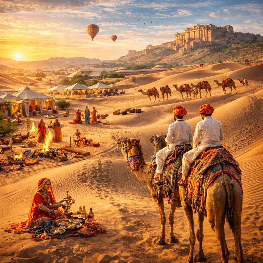 Desert safari at sunset in Rajasthan India with camels on golden sand dunes