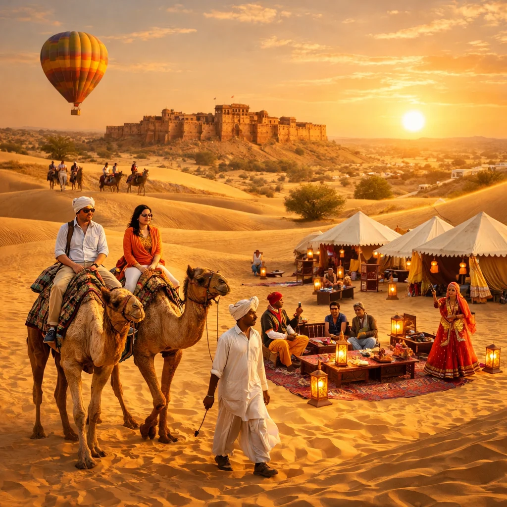 Desert tour at sunset in Jaisalmer Rajasthan with camel safari and sand dunes